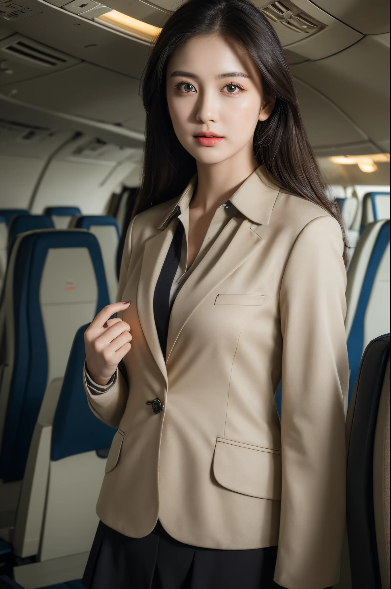 best quality, masterpiece, 8k, ultra high res, (photorealistic:1.4), highly detailed, intricate detail, delicate and beautiful, good lighting, professional lighting, sharp focus, detailed shadows, exquisite details and textures, depth of field, unity 8k wallpaper, cinematic composition, cinematic lighting, official art, Cabin Crew, flight attendant, black pantyhose, (aircraft, (Aircraft Corridor), Aircraft seats) beautiful elegant face, detailed face, detailed eyes, realistic hair, long hair, (1girl), (standing:1.3),