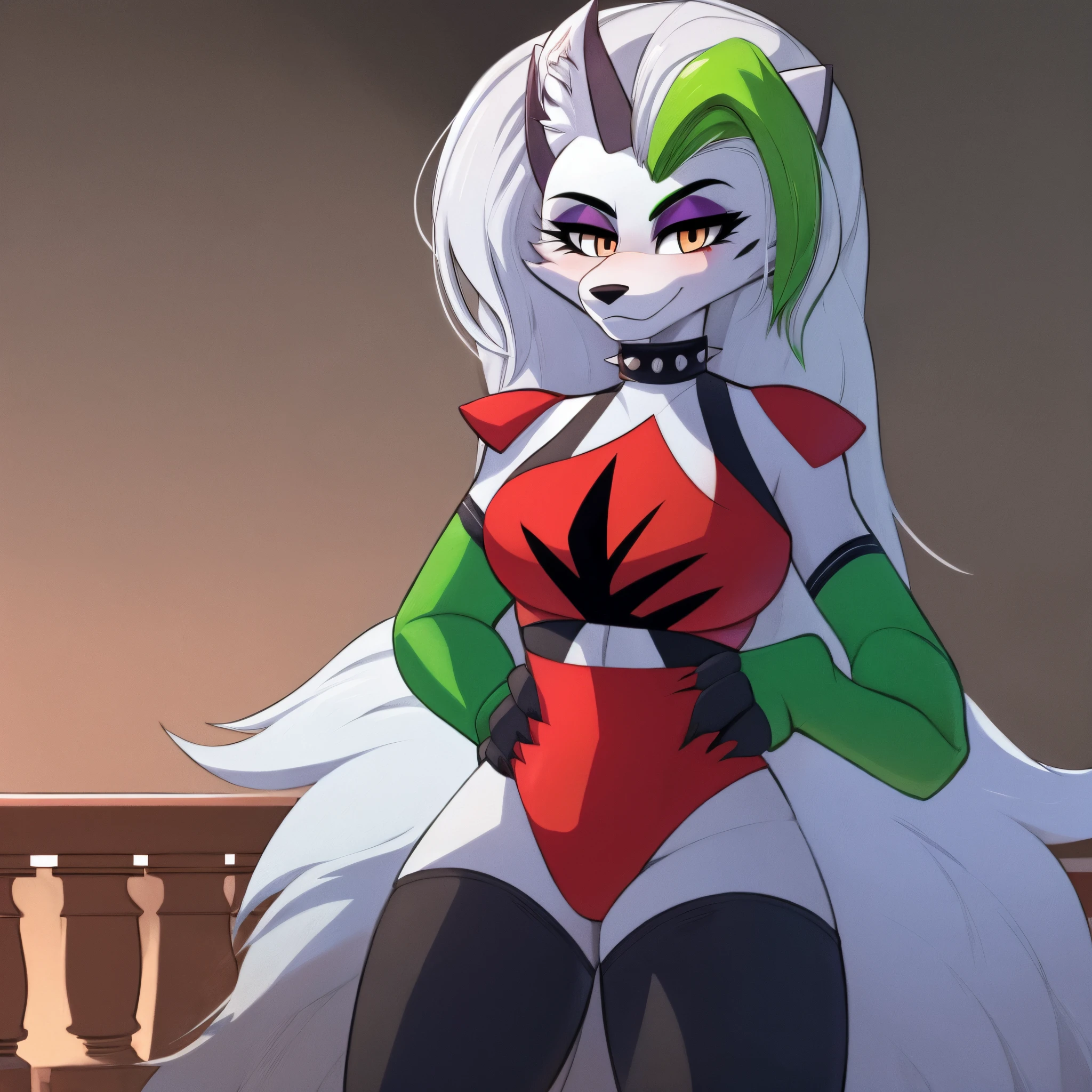 best quality, (roxanne fused with loona:1.1), solo, furry female, body fur, makeup, sexy clothes