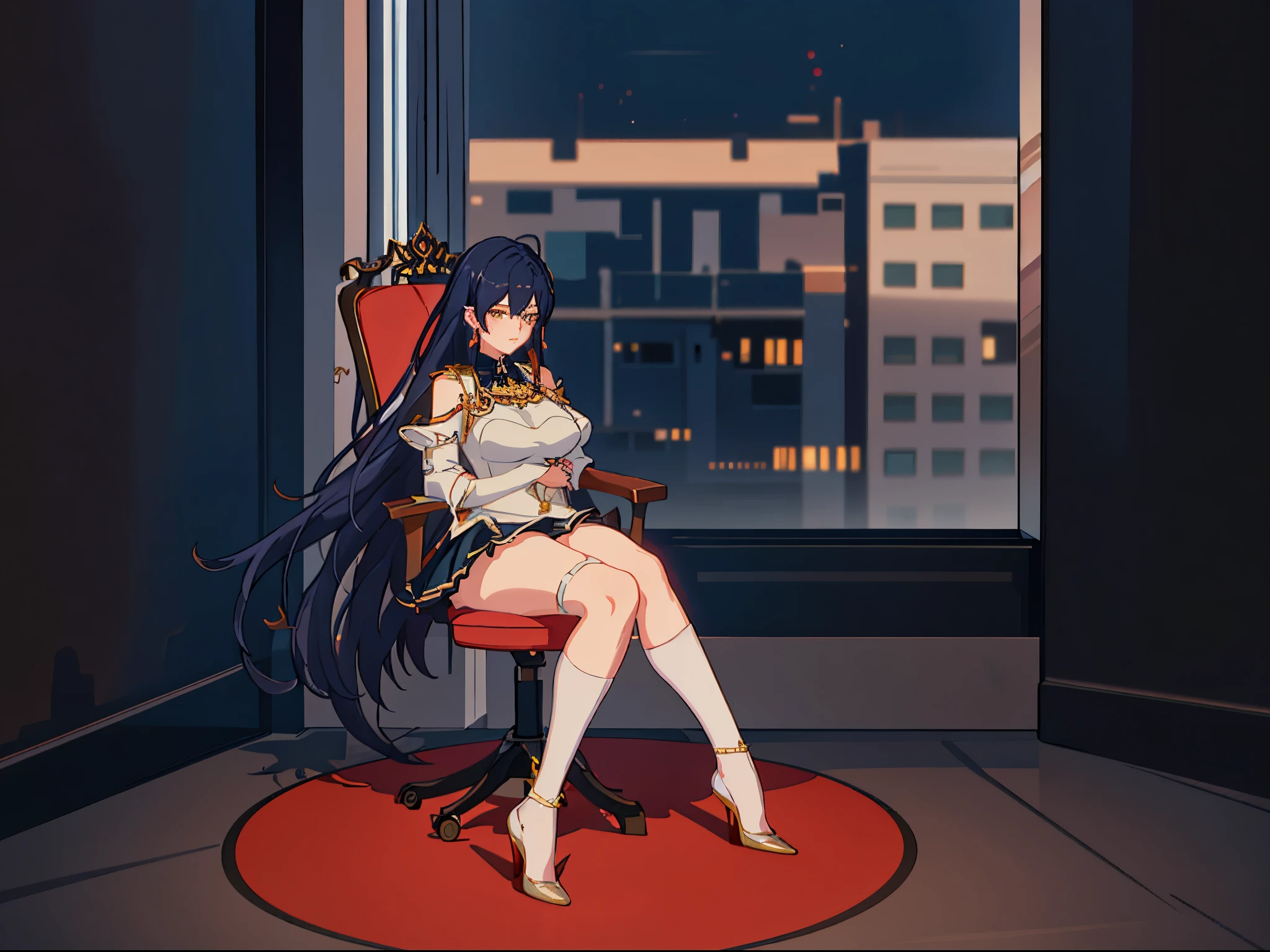 There is a woman sitting on a chair in the room, seductive anime girls, beautiful attractive anime woman, guweiz on artstation pixiv, anime goddess, guweiz on pixiv artstation, Squatting anime beauty, Popular topics on cgstation, A masterpiece by Guwitz, Anime Barbie wearing white stockings, elegant cinematic pose, 8K high quality detail art