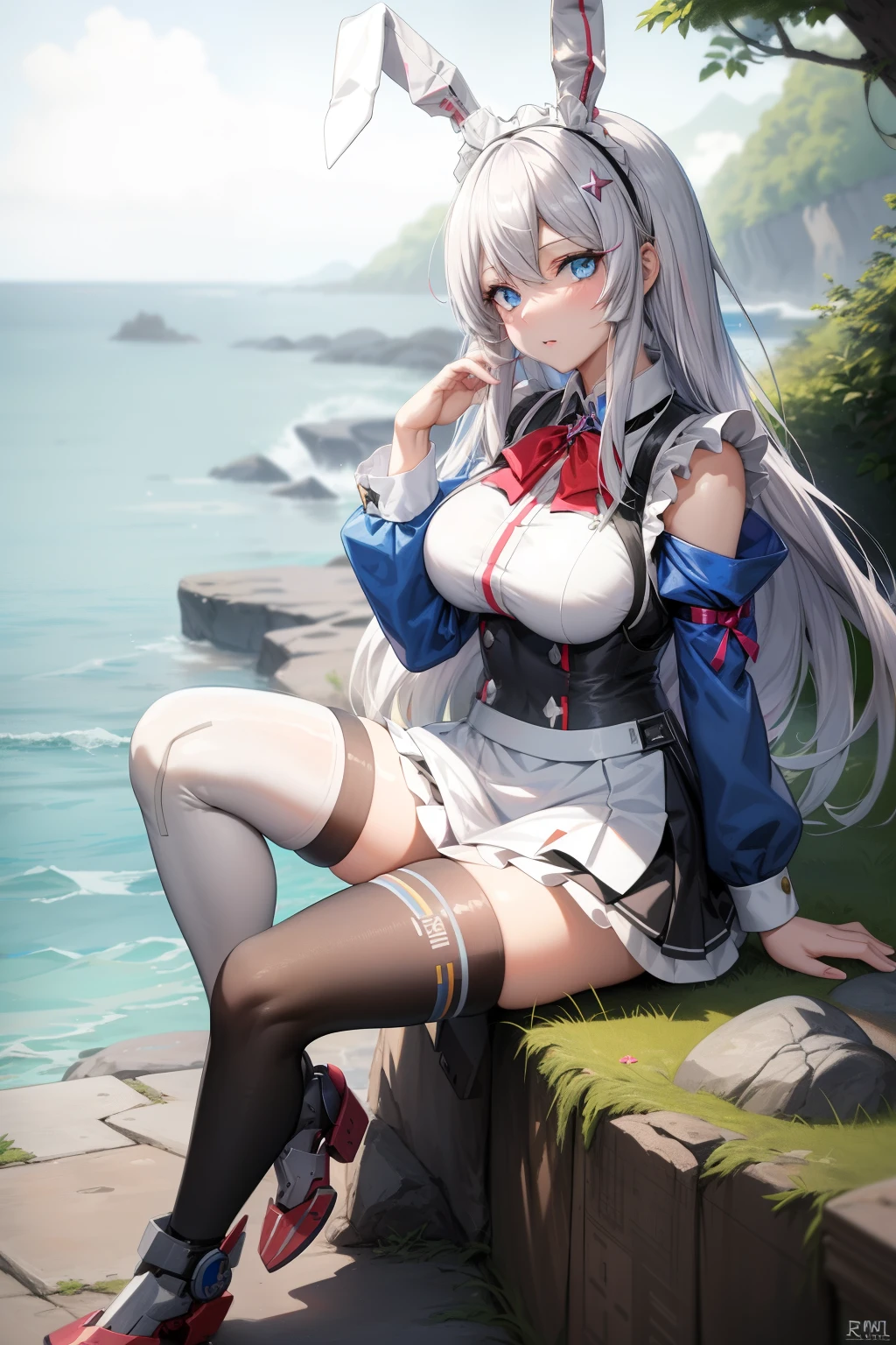 (hyper extreme detailed),(masterpeace),(hyper extreme),(photorealistic),CG,(colour:1.2), beautiful lighting,light from the front, solo, Rodney,silber hair,long hair,multiple side braid, detached_sleeves,thigh_boots,detached_collar,white and blue dress, detached sleeves, (beautiful_detailed_eyes),