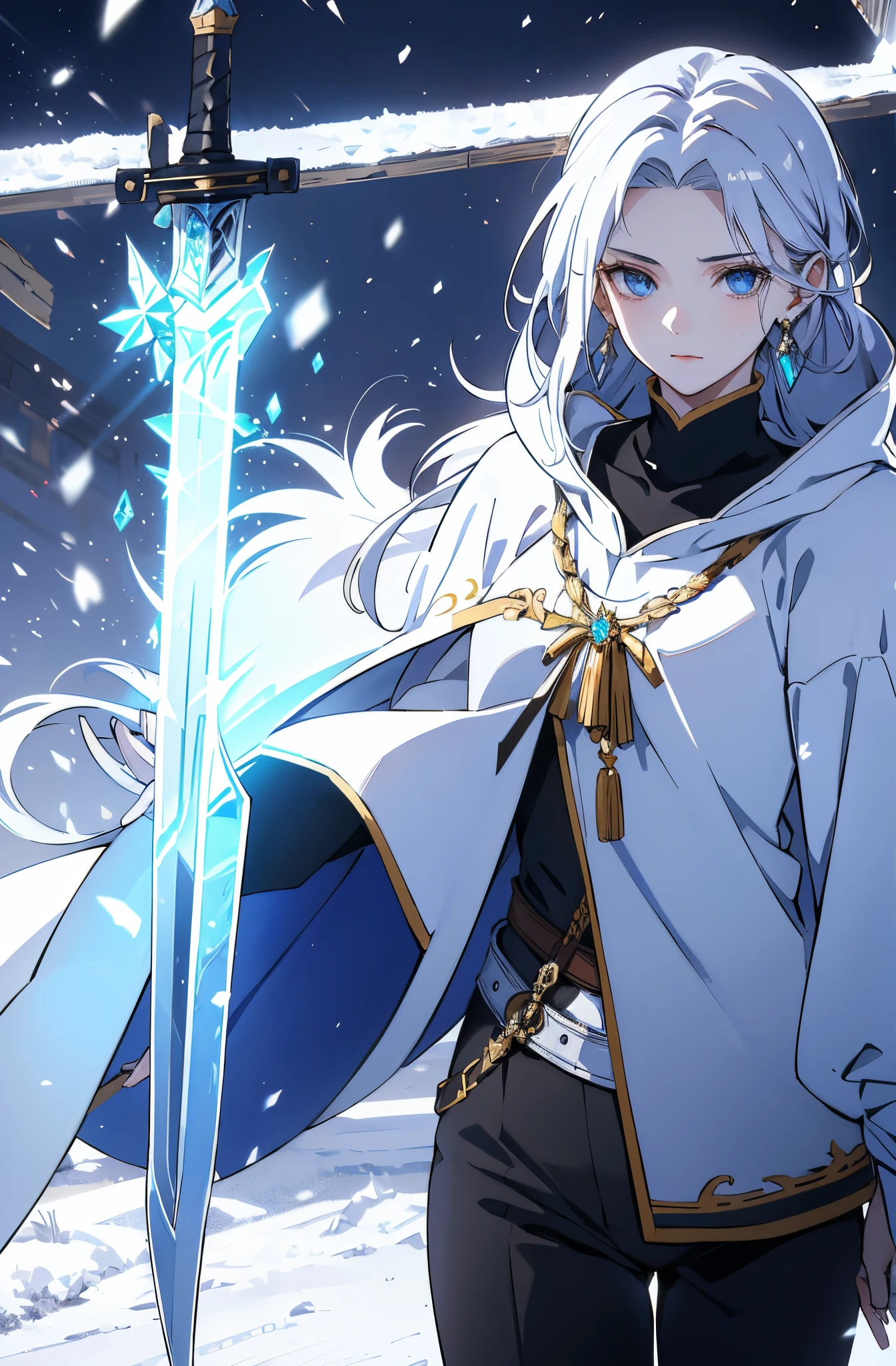 Anime character, a man, medieval era. Young, 20 years old, large body, cold expression, fierce gaze. White beauty, short and messy gray hair, ponytail, left eye patch, black clothes, black shirt, dark cape with hood, chains. front camera, half body. In the middle of the moonlight, wind blowing through your hair, in the forest between a ruined temple.