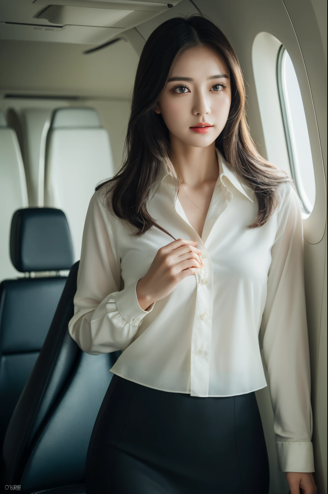 best quality, masterpiece, 8k, ultra high res, (photorealistic:1.4), highly detailed, intricate detail, delicate and beautiful, good lighting, professional lighting, sharp focus, detailed shadows, exquisite details and textures, depth of field, unity 8k wallpaper, cinematic composition, cinematic lighting, official art, Cabin Crew, flight attendant, black pantyhose, (aircraft, (Aircraft Corridor), Aircraft seats) beautiful elegant face, detailed face, detailed eyes, realistic hair, long hair, (1girl), (standing:1.3),
