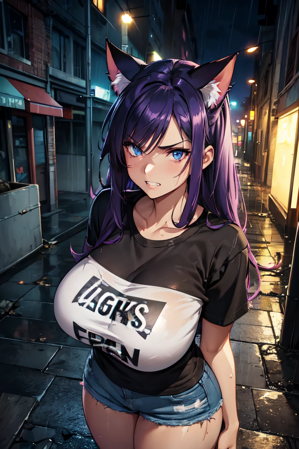 (High quality, High resolution, Fine details), Realistic, (cat-eared woman), dark alley, graffiti, neon lights, rainy weather, ominous atmosphere, street art, garbage bins, slimy pavement, flickering street lamp, fallen leaves, moisture in the air, (steamy breath), grungy walls, broken glass shards, hidden shadows, solo, curvy women, Dark purple hair, (Dirty T-shirt), Denim shorts, sparkling eyes, (Detailed eyes), ((Teeth showing)), Sweat, (Dirty skin), (Focus on Face), shallow depth of field