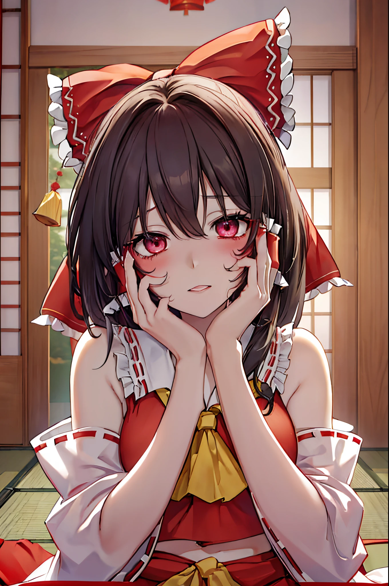 ((Borei Reimu:1.3)), ((Best Quality)), ((Highly detailed)), masutepiece, absurderes, (Detailed eyes, deep eye), (1girl in), yandere trance, yandere, hands on own face, ((Cover your cheeks with both hands:1.2)), Shaded face, ((Eyes without light)), (Upper body), Hexmania CMS, ((@.@)), bags under eyes, Ahoge, Red ribbon, Black hair, pale skin, Small breasts, , red shrine maiden clothes, (Japanese room desk dark)