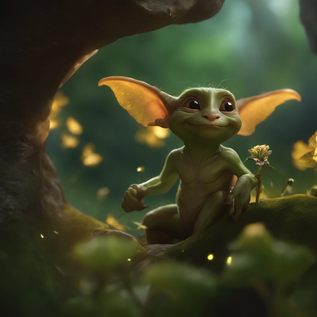 In the cave，Small male goblins, collecting dew from stelagmites, 真实感, Realism, Close up of cute tiny fireflies around a huge oak tree, Flowers, the buds glow, illuminate the bush, a detailed painting, cgsociety, Detailed painting, artstation hd, high detail, cgsociety, photo realism, Concept art, artstation hd, official arts, bokeh ,(CBZBB:1.25),