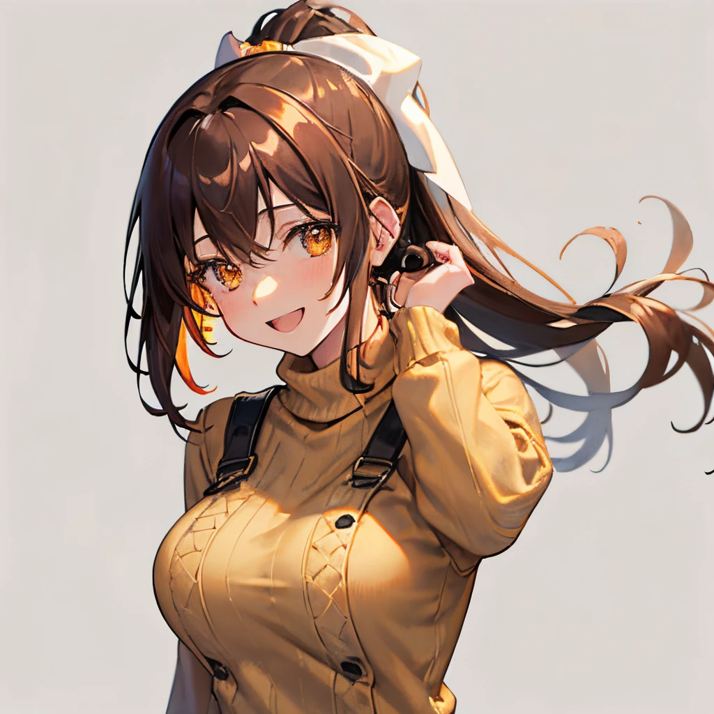 【Highest Quality, masutepiece】 [girl, Manteau, expressioness,deep orange eyes, front facing,dark brown hair,long ponytail hair,yellow knit cloth, Happy, Upper body] (Gray white background:1.2),very happy smile,boobs,