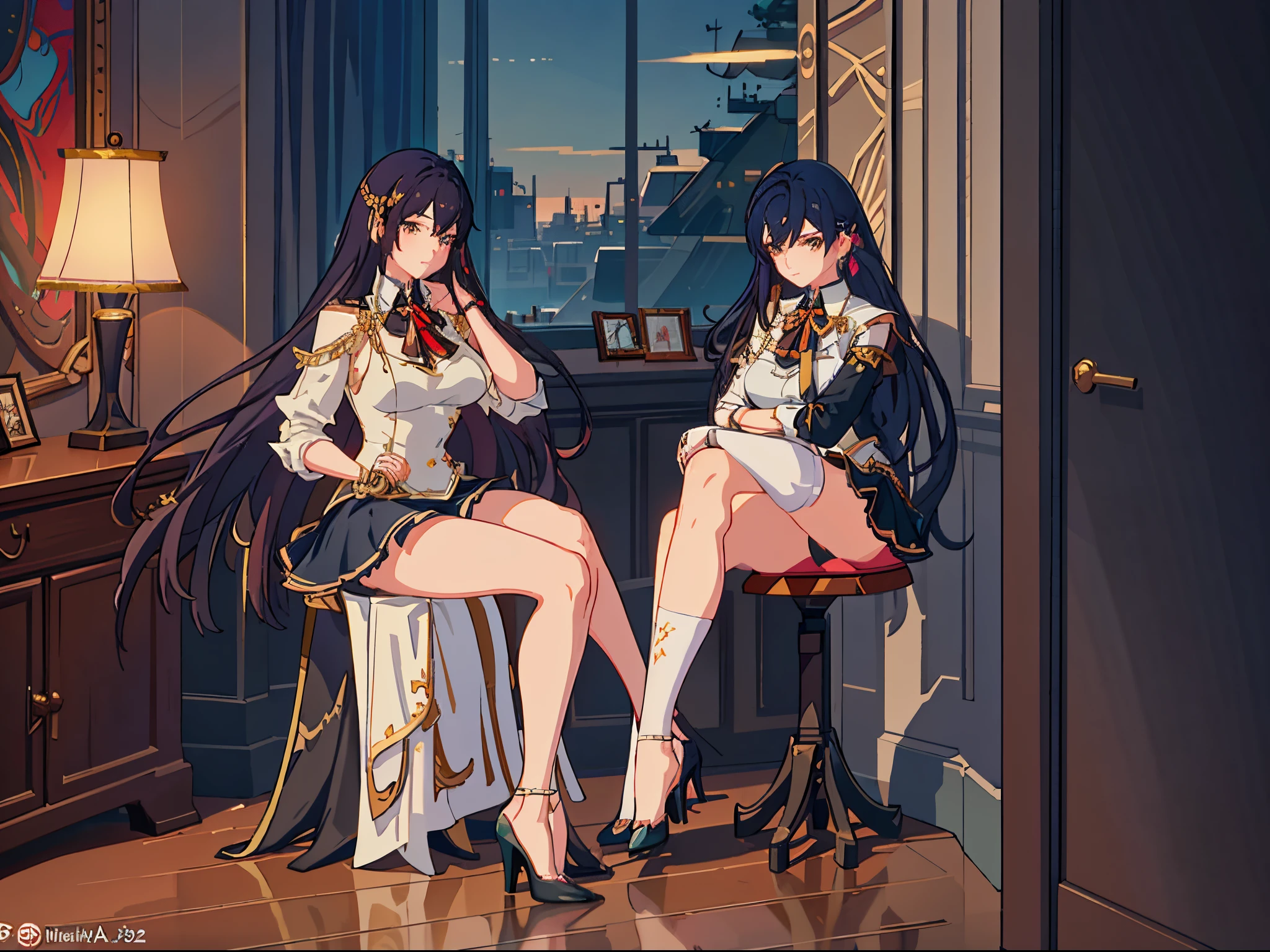 There is a woman sitting on a chair in the room, seductive anime girls, beautiful attractive anime woman, guweiz on artstation pixiv, anime goddess, guweiz on pixiv artstation, Squatting anime beauty, Popular topics on cgstation, A masterpiece by Guwitz, Anime Barbie wearing white stockings, elegant cinematic pose, 8K high quality detail art