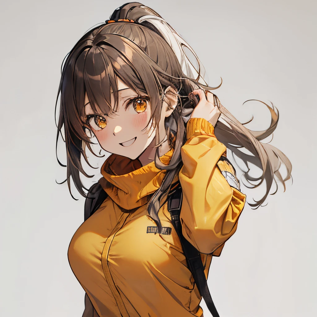 【Highest Quality, masutepiece】 [girl, Manteau, expressioness,deep orange eyes, front facing,dark brown hair,long ponytail hair,yellow knit cloth, Happy, Upper body] (Gray white background:1.2),very happy smile,boobs,