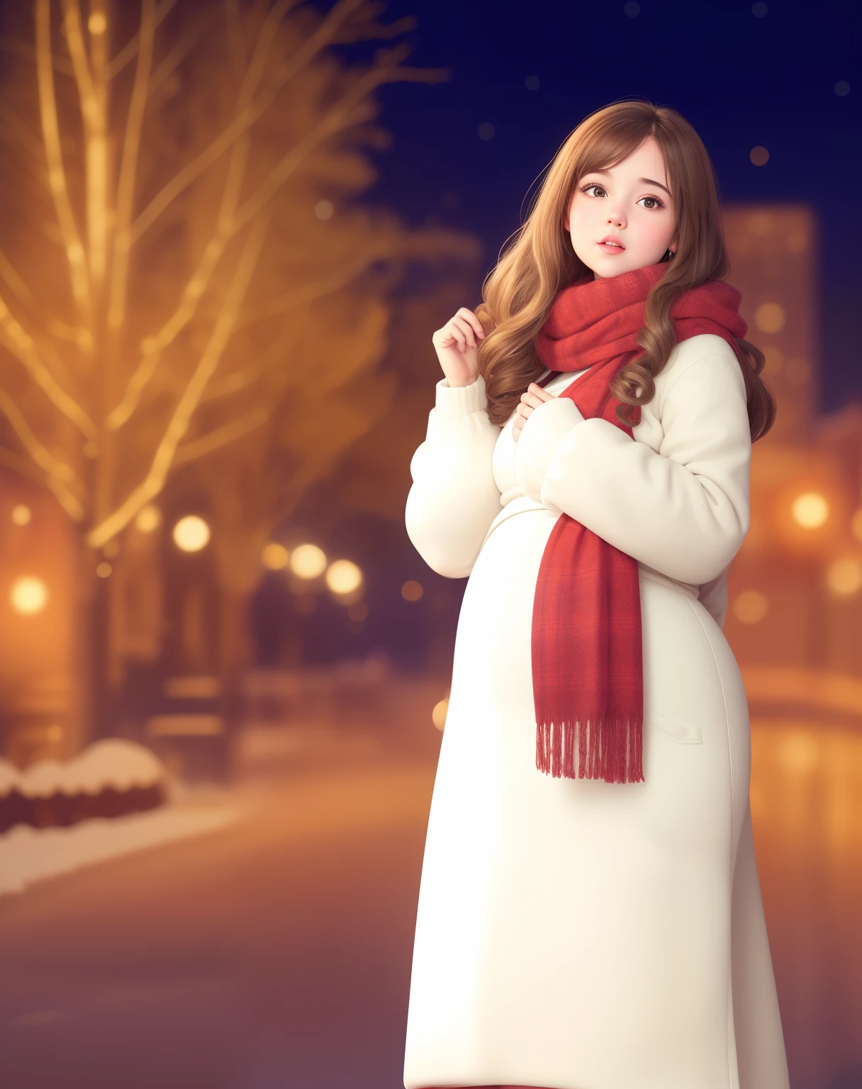 (best quality), big head, (1girl with gigantic breasts:1.3) Pregnant fat Girl With Brown hair ,White Pale Skin Tone , fat Pregnant girl wearing Winter Coat At Night Christmas City , Wearing Winter Red syal , light night city at Christmas time , pregnant belly ,5mounth pregnancy belly , UHD , 8K