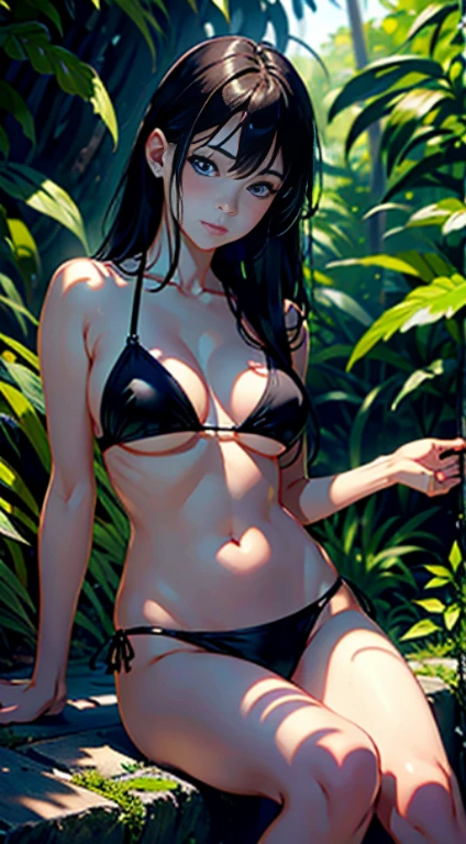 top-quality、masterpiece、超A high resolution、(Photorealsitic:1.4)、Raw photo、1girl in、((Detailed depiction of a beautiful face))、A dark-haired、dramatic lighting、full body Esbian、The bikini、in jungle