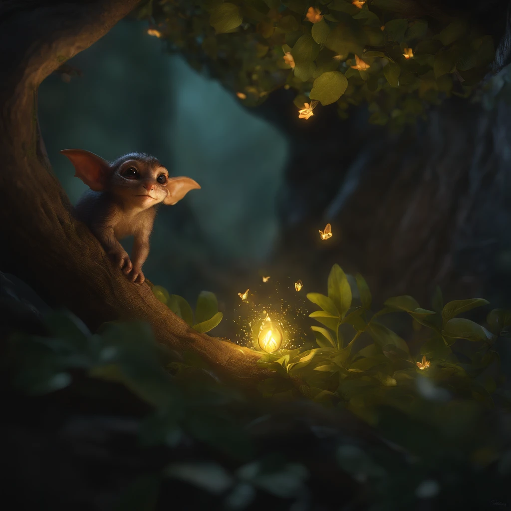 In the cave，Small male goblins, wearing a leather vest with a hood, 真实感, Realism, Close up of cute tiny fireflies around a huge oak tree, Flowers, the buds glow, illuminate the bush, a detailed painting, cgsociety, Detailed painting, artstation hd, high detail, cgsociety, photo realism, Concept art, artstation hd, official arts, bokeh ,(CBZBB:1.25),