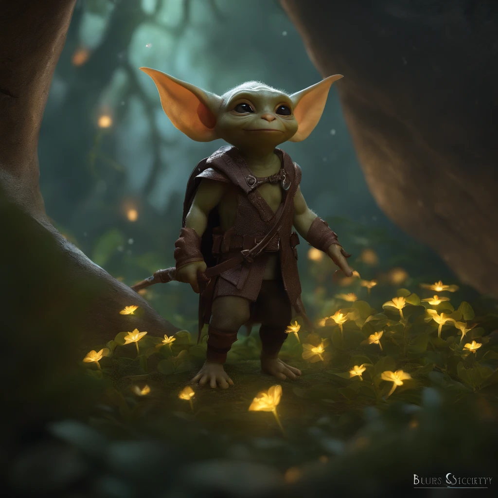 In the cave，Small male goblins, wearing a leather vest with a hood, 真实感, Realism, Close up of cute tiny fireflies around a huge oak tree, Flowers, the buds glow, illuminate the bush, a detailed painting, cgsociety, Detailed painting, artstation hd, high detail, cgsociety, photo realism, Concept art, artstation hd, official arts, bokeh ,(CBZBB:1.25),