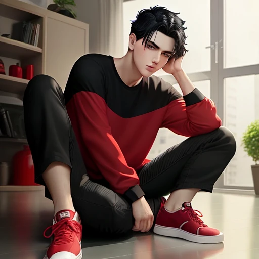 Man with black hair, red shirt, black pants, red shoes, black eyes, gray