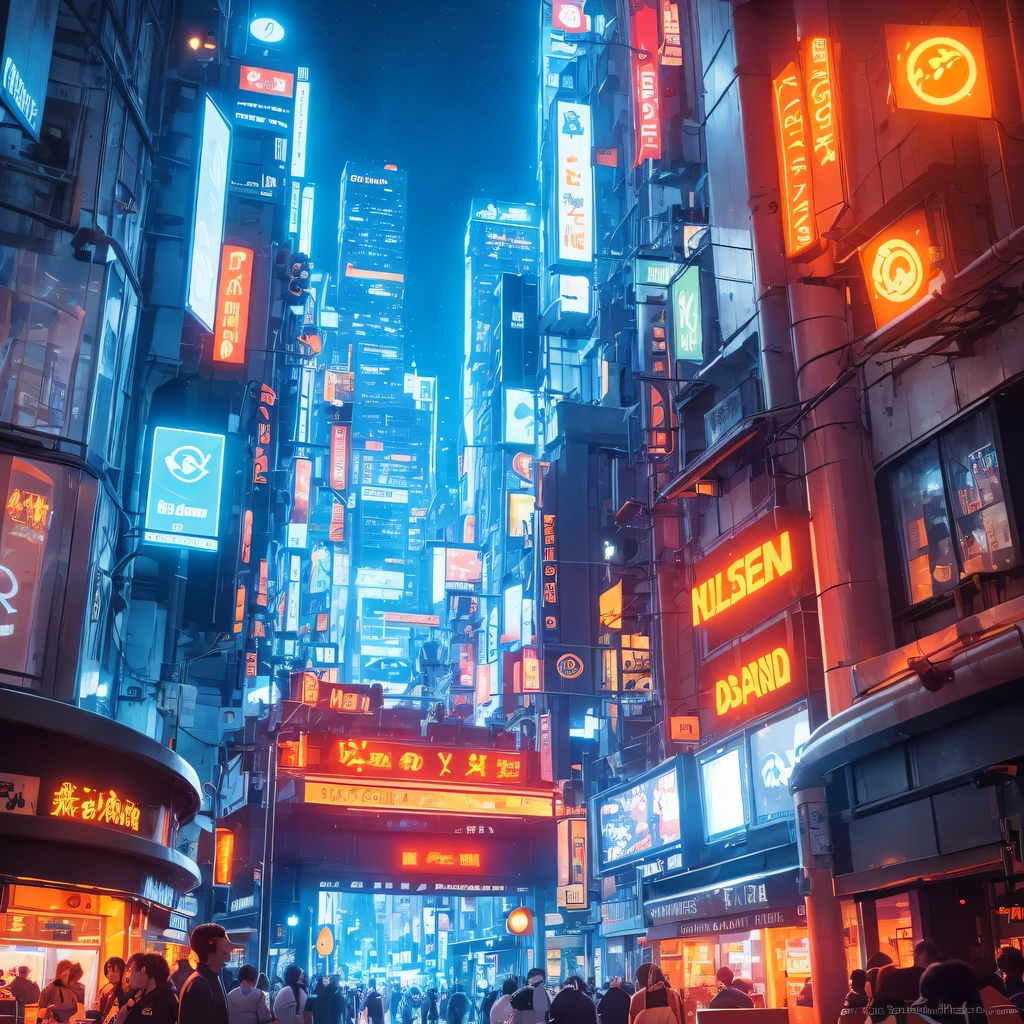 Orange cat machine flat line illustration light color cartoon bustling future city night scene,Brilliant lights and busy traffic。Tall buildings stand in the night sky,The whole city is full of vitality and vitality