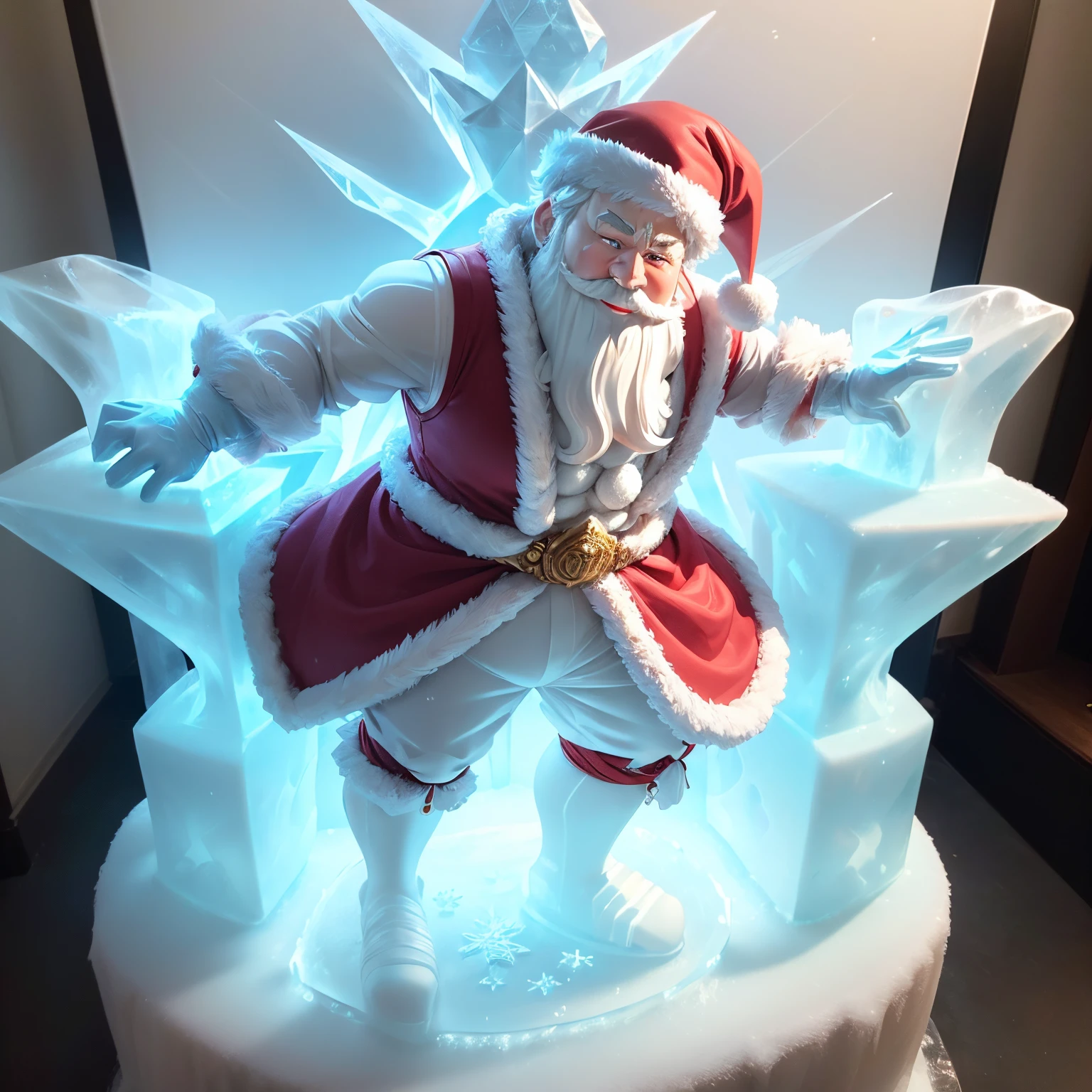 (Ice sculpture:1.4),Cinematic Angle,(cute ice sculpture santa claus,Anatomically correct,Full body,Masterpiece ice sculpture camellia,Masterpiece Han style,Smile)