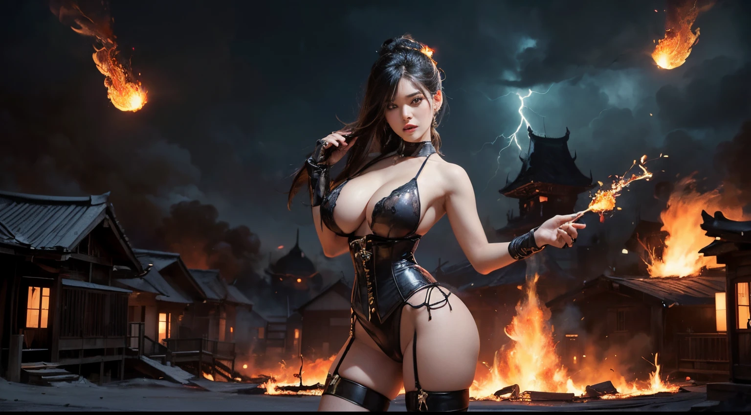 ((best quality)), ((masterpiece)), (detailed face), ((perfect face)), ((best quality)), ((masterpiece)), (detailed),((Big tits)),asian girl, mortal kombat, milena style, stockings, high heels, perfect leg, mortal kombat backgroung, smoke, purple fire big boobs, smoked skulls at background, fire, burning, more smoke, black leather , more fire, ((burning village in the background)), ((stocking)), sexy, corset, cyrstal balls,((she is standing in the middle of the picture)),((holding a lightning fireball)) lightning