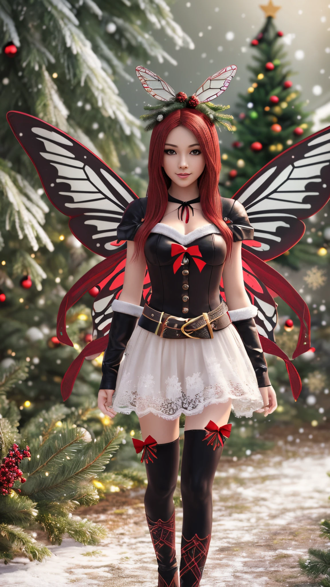 fairy with butterfly wings full body red hair Girl extreme beauty In ((Christmas Outfit))  Outside in the hills ((Skinny Petite)), Photorealistic Photo Masterpiece Realistic Realism Photorealism High Contrast Photorealistic Digital Art Trending in Artstation 8k HD High Definition Detailed Detailed Skin Texture Hyper-Detailed Realistic Skin Texture Armor Best Quality   Ultra High Resolution, (Photorealistic: 1.4), High Resolution --auto --s2
