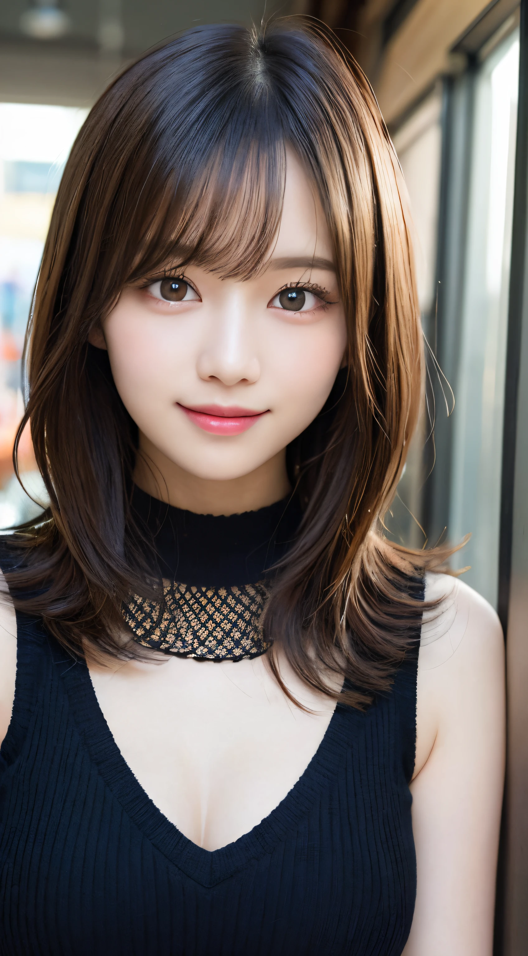 masutepiece, Best Quality, Illustration, Ultra-detailed, finely detail, hight resolution, 8K Wallpaper, Perfect dynamic composition, Beautiful detailed eyes, Black Knitted Dress,Straight hair,Small breasts natural color lip, Randomly sexy poses,Smile,Harajuku、20 years girl、Cute、Sexy shot looking at camera,Perfect and beautiful face