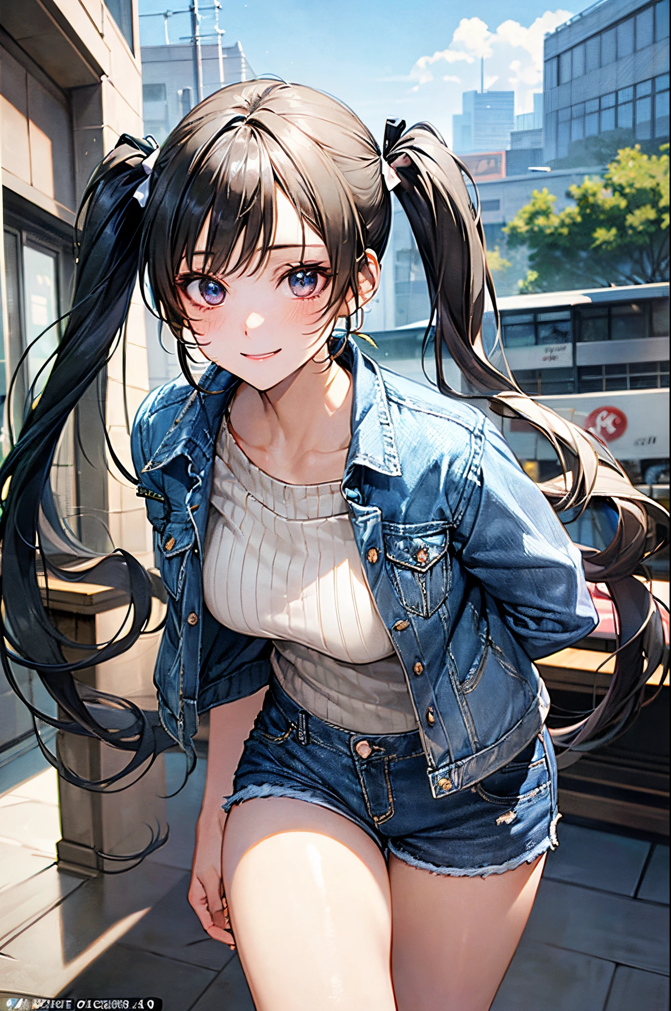((perfect anatomy, super detailed skin)), 1 girl, japanese, 14 years old, shiny skin, watching the view,
beautiful hair, beautiful face, beautiful detailed eyes, (long hair:1.4, twintail:1.6), (babyface), large breasts:0.5, seductive arms, seductive thighs,
((sweater, denim shorts, denim jacket)),
(smile), walking,
(beautiful scenery), inside convenience store,
(8k, top-quality, masterpiece, extremely detailed), (photorealistic), beautiful illustration, cinematic lighting,