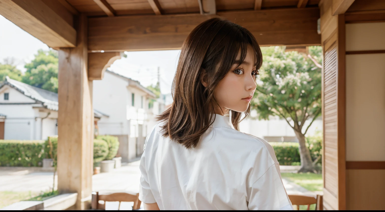 Japanese cartoon,(the face),(美丽细致的眼睛), brunette color hair,Silver Eyes, tmasterpiece,looking at viewert, The best_quality,white backgrounid,tmasterpiece,white shirt, Place your arms behind your back,