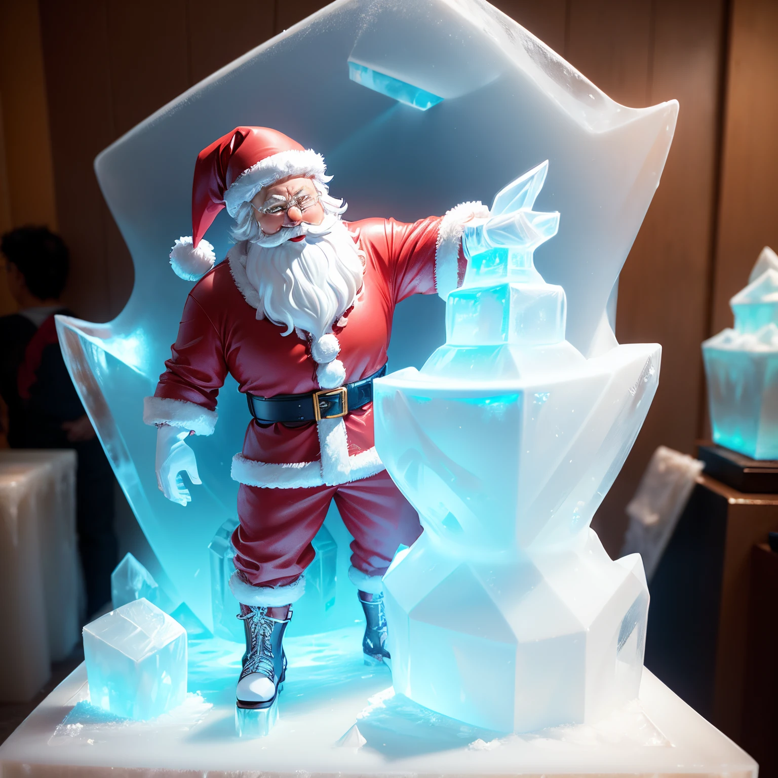 (Ice sculpture:1.4),Cinematic Angle,(cute ice sculpture santa claus,Anatomically correct,Full body,Masterpiece ice sculpture camellia,masterpiece han style,Smile)Christmas、