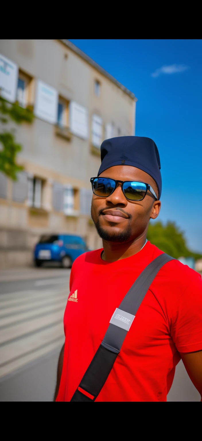 il ya un homme portant des lunettes de soleil et un tee-shirts rouge debout dans la rue,n, Vidéo de bonne qualité, Images de mauvaise qualité, Photo de profil, prise au début des années 2020, George Pemba, photo de l’album, Photographie selfie 8k, Image de très très bonne qualité, porter des lunettes de soleil et une casquette, Photo de profil, Image de haute qualité