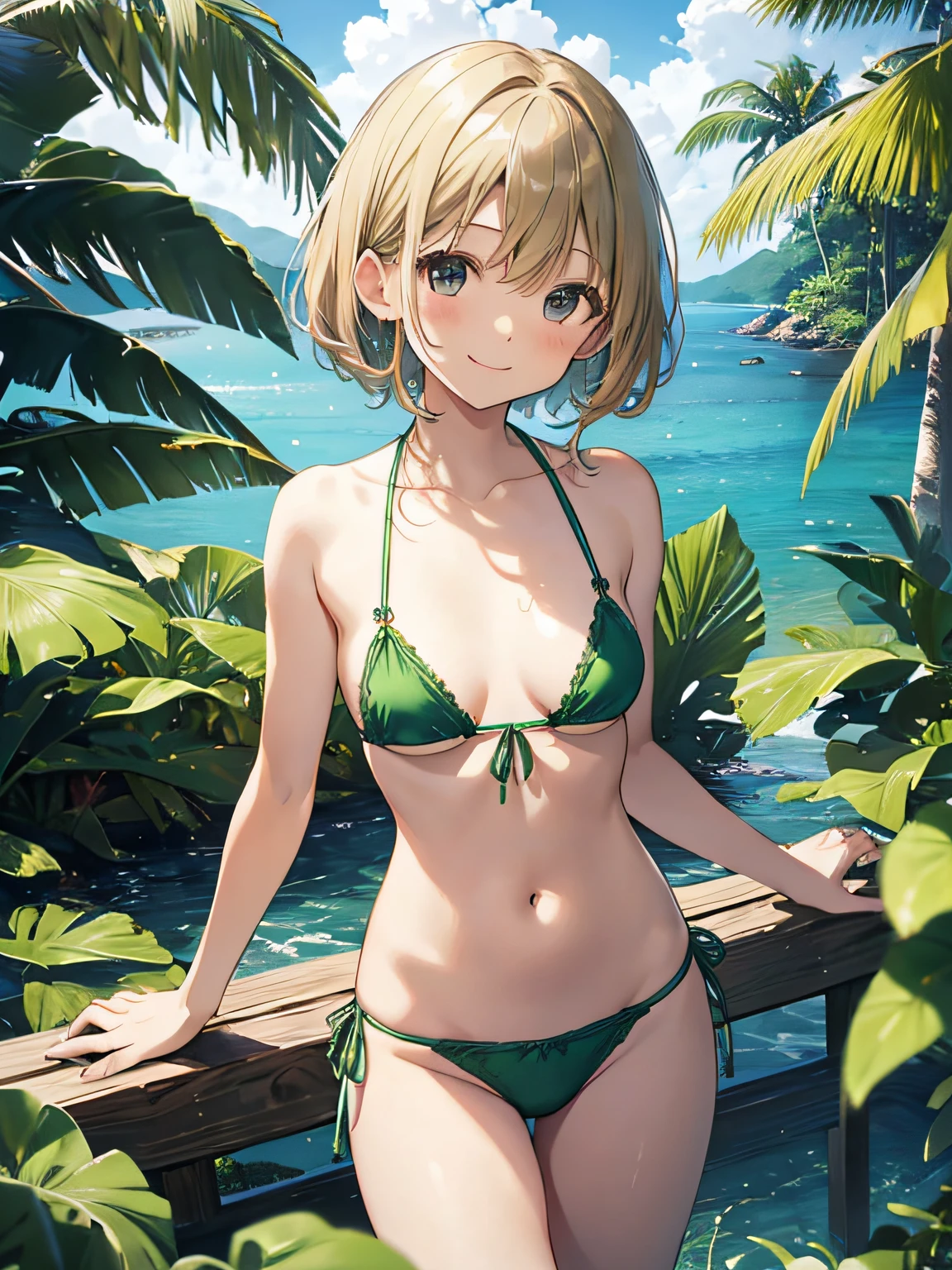 top-quality、extremely delicate and beautiful、Elementary school girls、5th grade elementary school、((Green Micro Bikini))、mesugaki、A smile、a blond、(Brown skin)、Sea on jungle background、is standing、short-hair
