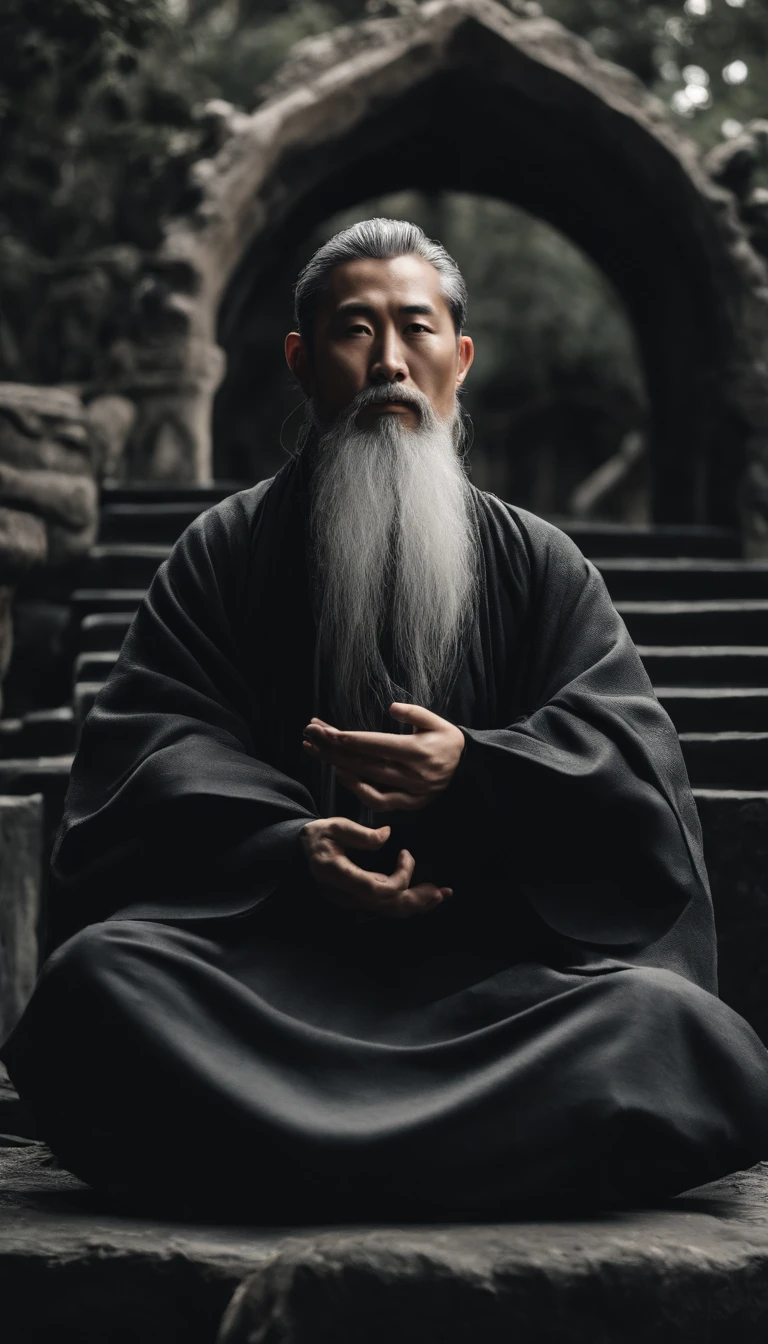 Close-up of a young Chinese Taoist leader sitting on a stone,Long gray hair,Grow a beard,Meditation cross-legged,Daoism, Dressed in black robes,magic aura,Taoist,Taoist,Located in the center,facing at the camera,