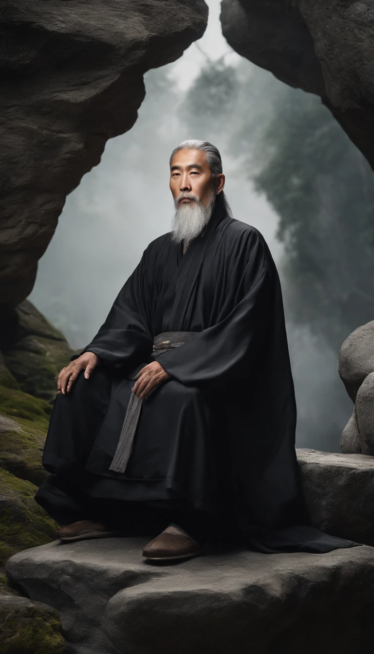Close-up of a young Chinese Taoist leader sitting on a stone,Long gray hair，Grow a beard，Meditation cross-legged，Daoism, Dressed in black robes，magic aura，Taoist,Taoist，Located in the center，facing at the camera，