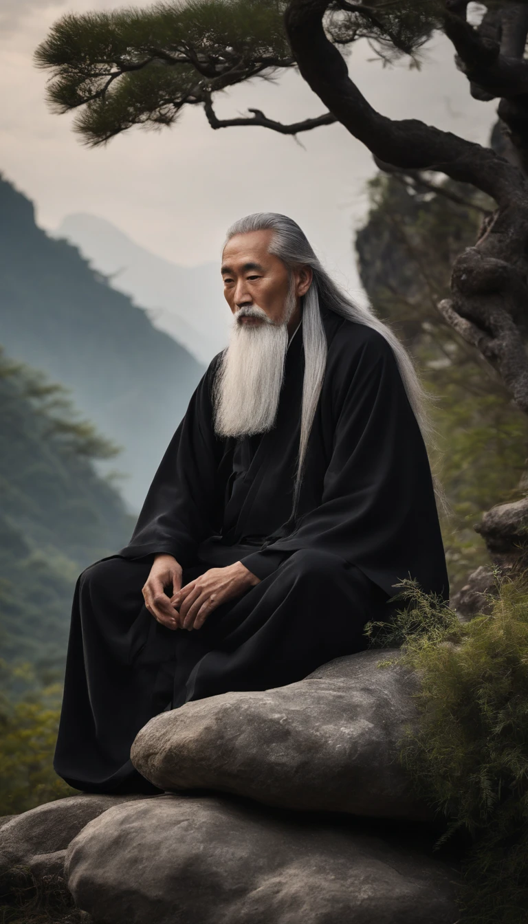 Close-up of a young Chinese Taoist leader sitting on a stone,Long gray hair,Grow a beard,Meditation cross-legged,Daoism, Dressed in black robes,magic aura,Taoist,Taoist,Located in the center,facing at the camera,