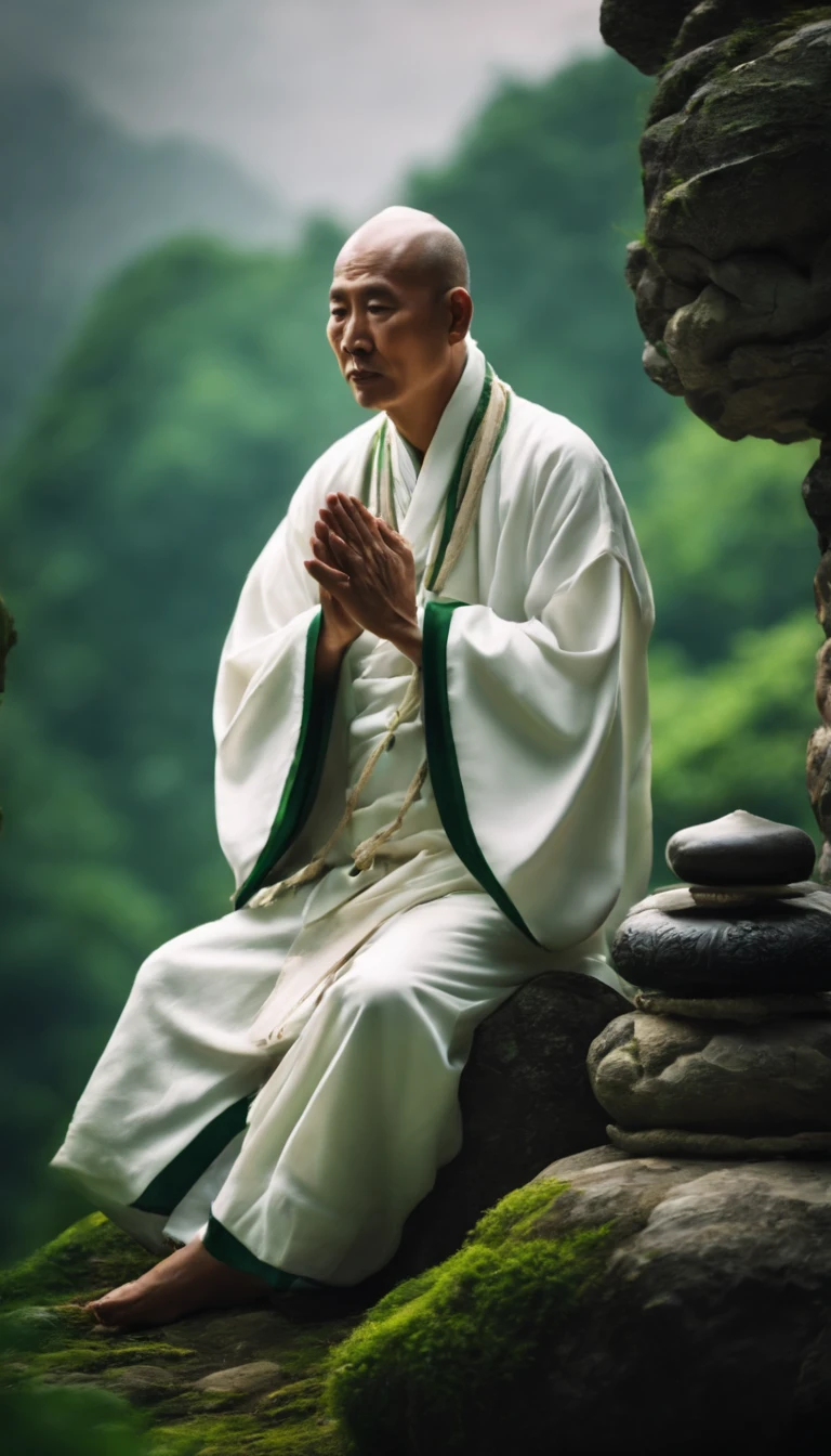 A Taoist priest with immortal demeanor，Sitting on the stone in white clothes，Green background