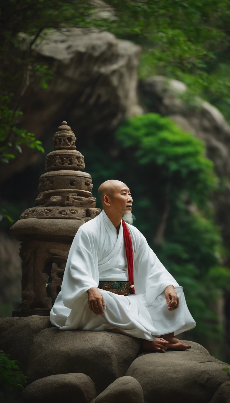 A Taoist priest with immortal demeanor,Sitting on the stone in white clothes,Green background