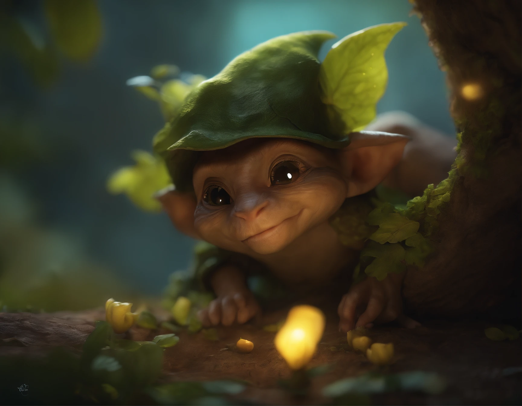 In the cave，Small male goblins, 真实感, Realism, Close up of cute tiny fireflies around a huge oak tree, collects bells flowers, the buds glow, illuminate the bush, a detailed painting, cgsociety, Detailed painting, artstation hd, high detail, cgsociety, photo realism, Concept art, artstation hd, official arts, bokeh ,(CBZBB:1.25),