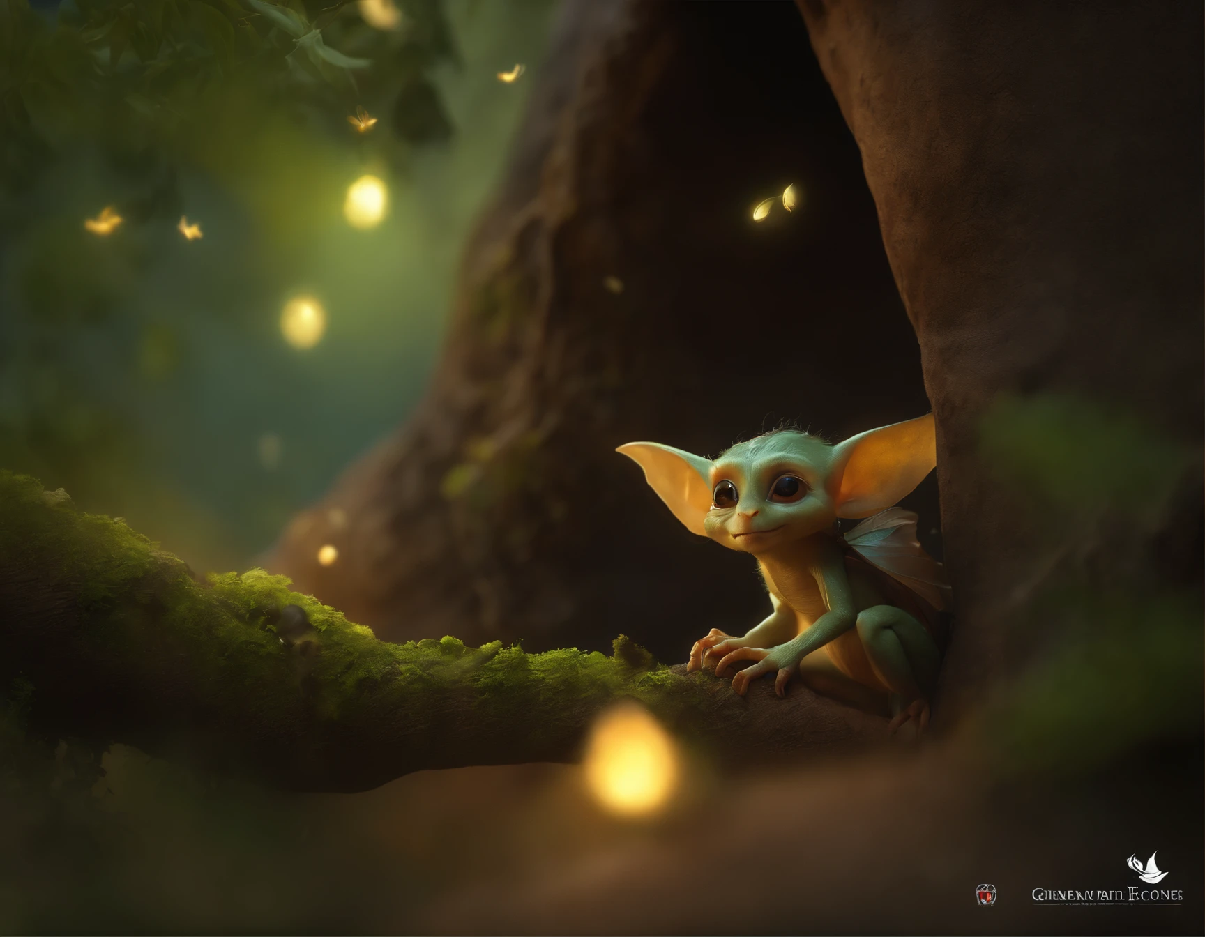 In the cave，Small male goblins, 真实感, Realism, Close up of cute tiny fireflies around a huge oak tree, collects bells flowers, the buds glow, illuminate the bush, a detailed painting, cgsociety, Detailed painting, artstation hd, high detail, cgsociety, photo realism, Concept art, artstation hd, official arts, bokeh ,(CBZBB:1.25),