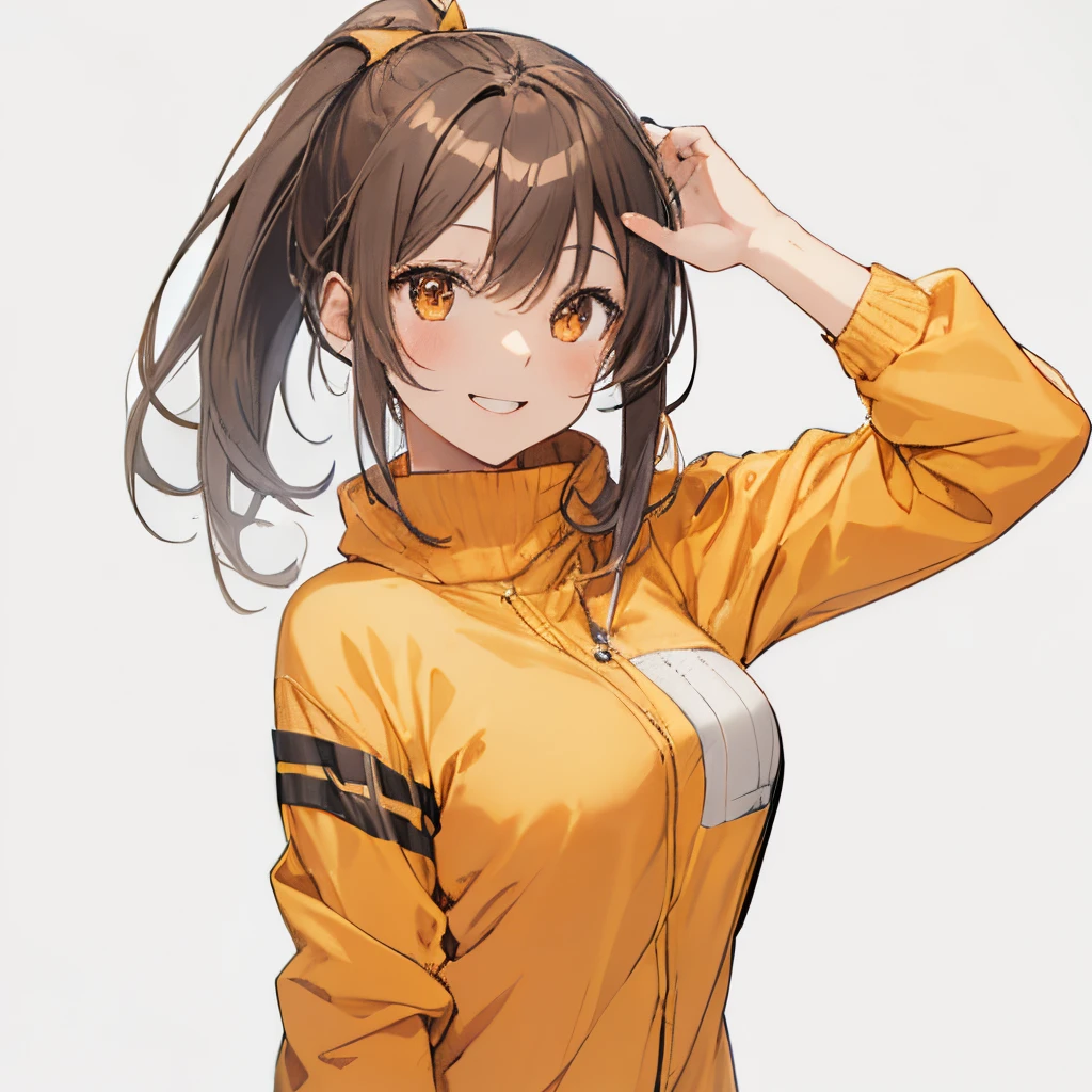 【Highest Quality, masutepiece】 [girl, Manteau, expressioness,deep orange eyes, front facing,dark brown hair,long ponytail hair,yellow knit cloth, Happy, Upper body] (Gray white background:1.2),very happy smile,boobs,