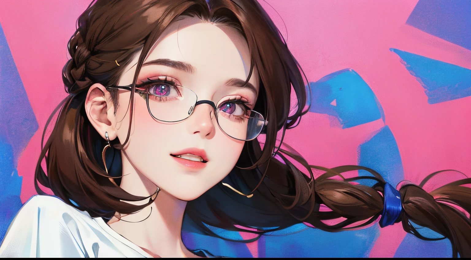 (((1人の女性)))、(Top resolution、Distinct_image) best qualtiy、(((Pop)))、1980s、((colorful backdrop))、((illuminating))、eye glass、ighly detailed、Semi-realistic、Brown hair、((makeups)),Braided hairstyle、A smile、bangss、20yr old、年轻、((tshirts))、delicated facial features、Facial features、View from below