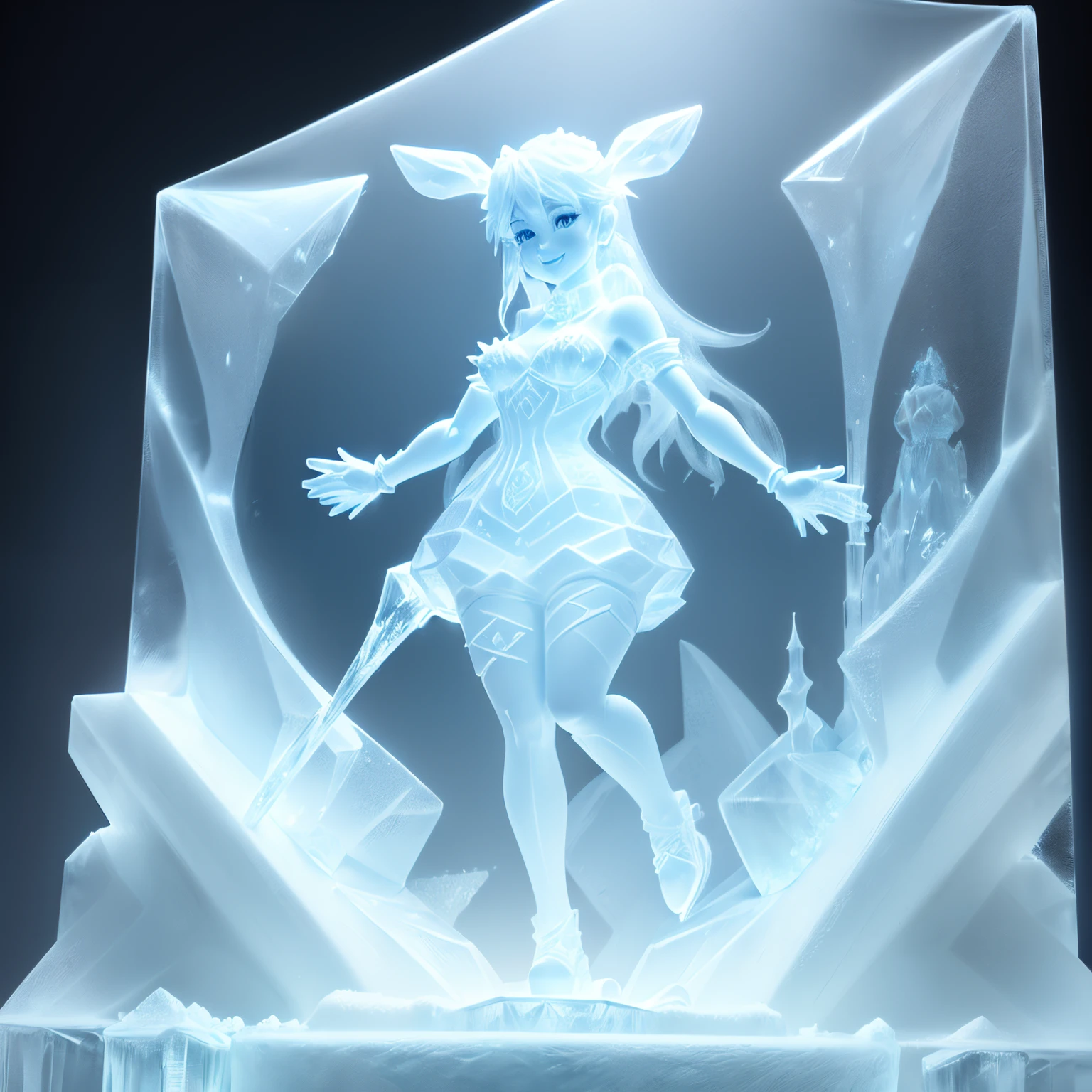 (Ice sculpture:1.4),Cinematic Angle,(cute ice sculpture bunny girl,Anatomically correct,Full body,Masterpiece ice sculpture camellia,masterpiece han style,Smile)Christmas