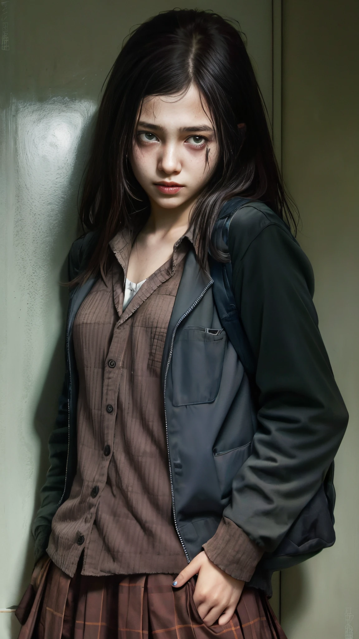 16 year old pre-teen, Japanese school uniform, man raping zombie girl, sexual pose, photorealistic