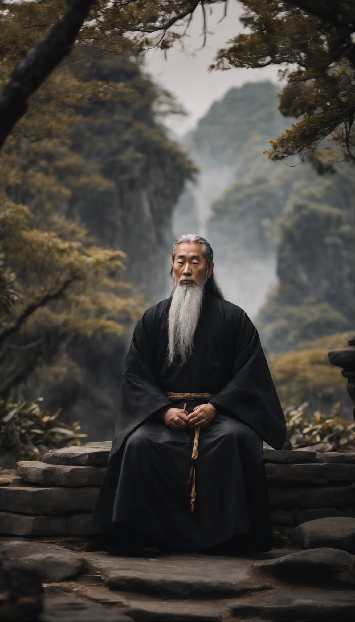 Close-up of a young Chinese Taoist leader sitting on a stone,Long gray hair,Grow a beard,Meditation cross-legged,Daoism, Dressed in black robes,magic aura,Taoist,Taoist,Located in the center,facing at the camera,