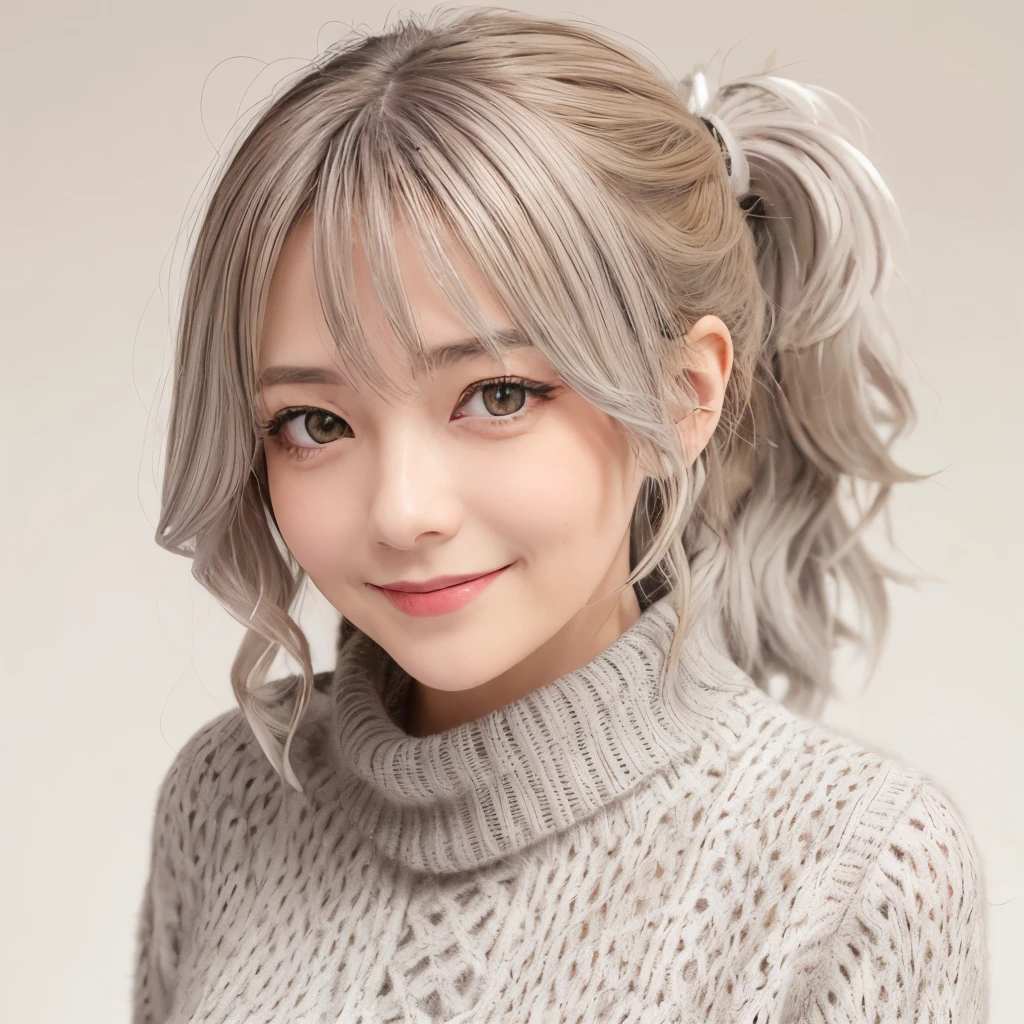 【Highest Quality, masutepiece】 [girl, Manteau, expressioness,deep orange eyes, front facing,dark brown hair,long ponytail hair,yellow knit cloth, Happy, Upper body] (Gray white background:1.2),very happy smile,boobs,