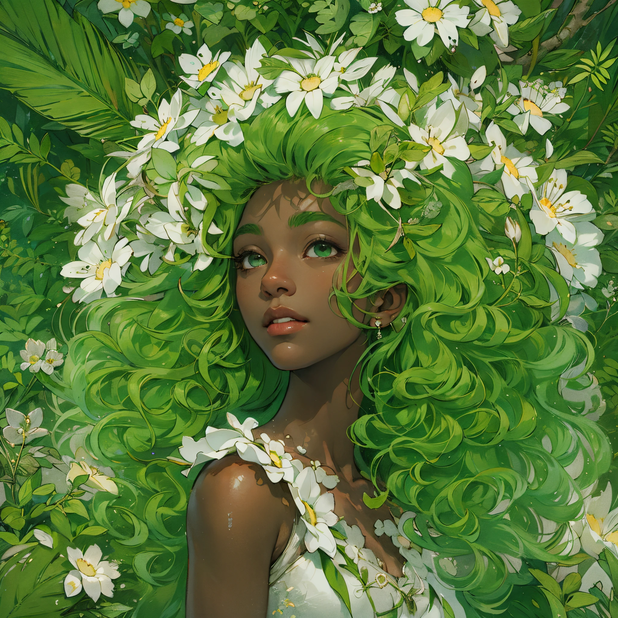 Amalia, wakfu, dofus, game, sadida, dark skin female, 1 girl, long green hair, a plant woman, white top and green shorts, a white flower in her hair, white background, (best quality,4k,8k,highres,masterpiece:1.2), ultra-detailed, (realistic,photorealistic,photo-realistic:1.37), portraits, vivid colors, studio lighting