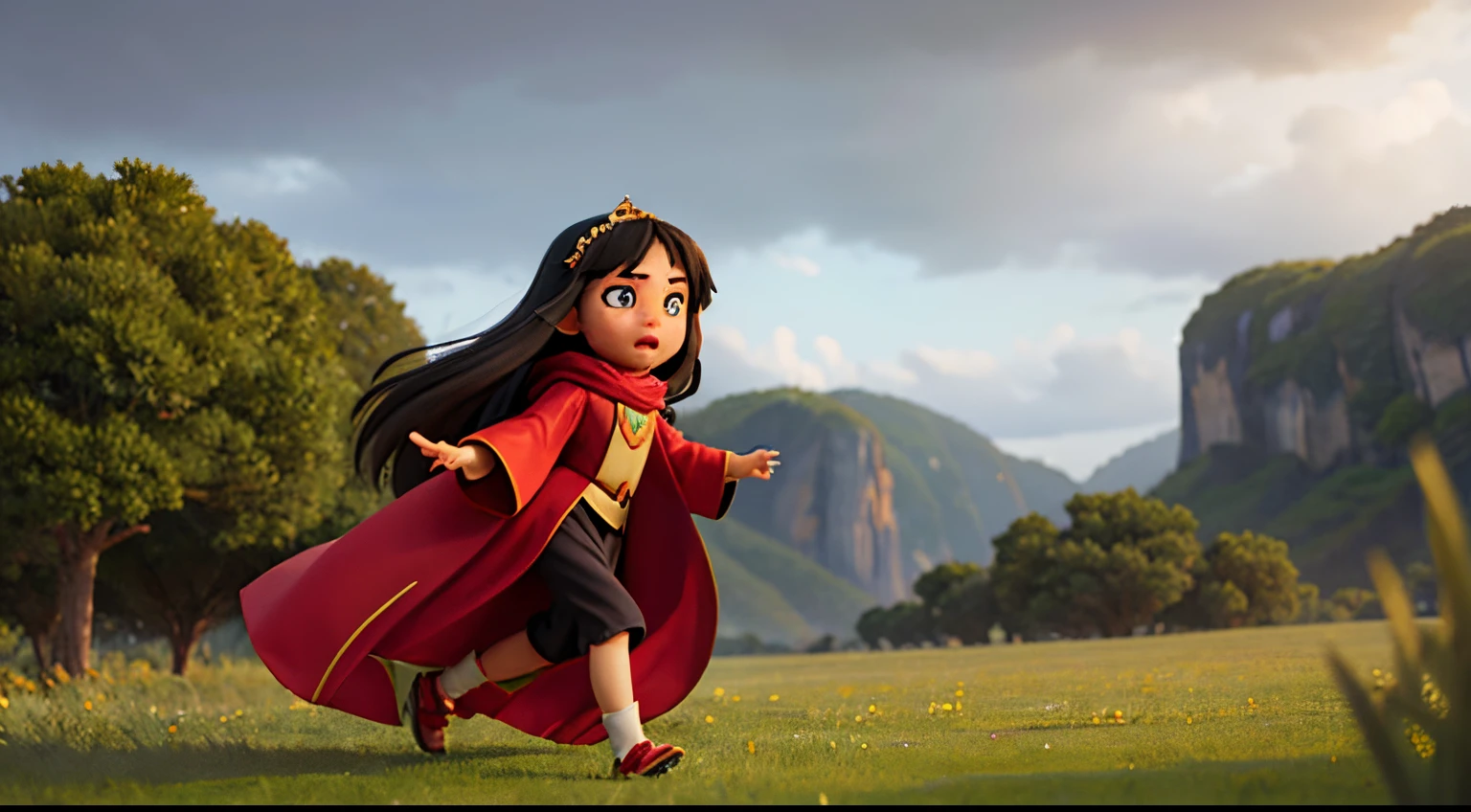 A southeast asian teen princess with long dark hair in a cloak. She is shielding running in the rain. She is in an open field with strong winds and dark cloudy skies. She has a worried expression. 4k quality. Wide shot. High definition. Anatomically correct eyes and face. Perfect face.