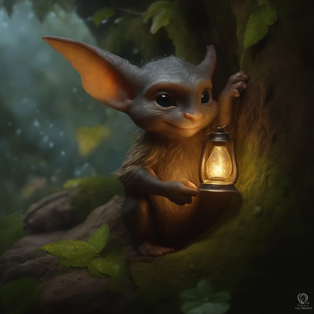 In the cave,Small male goblins similar to a mole, large ears, elongated nose, wear a leather vest with a hood, 真实感, Realism, Close up of cute tiny fireflies around a huge oak tree, collects drops of dew in a bell bud, Flowers, the buds glow, illuminate the bush, a detailed painting, cgsociety, Detailed painting, artstation hd, high detail, cgsociety, photo realism, Concept art, artstation hd, official arts, bokeh ,(CBZBB:1.25), dark fantasy style, hobbit style, John Tolkien style, fairy tale fantasy style,