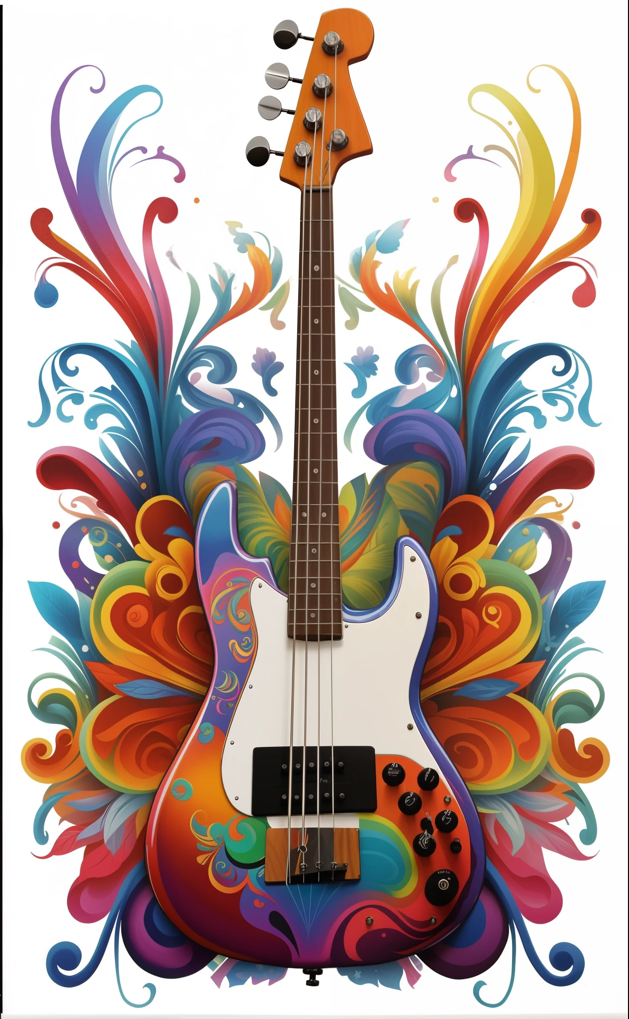 colorful electric bass with floral design on white background, whimsical and psychedelic, psychedelic color theme, psychedelic style, campy e colorido, arte conceitual da guitarra, Festival de Cores Ricas, colorful and psychedelic, psychedelic colours, psychedelic color scheme, music poster, bass music, baixista, Psychedelic!, psychedelic effects, graphic musicality, a full-color airbrushed