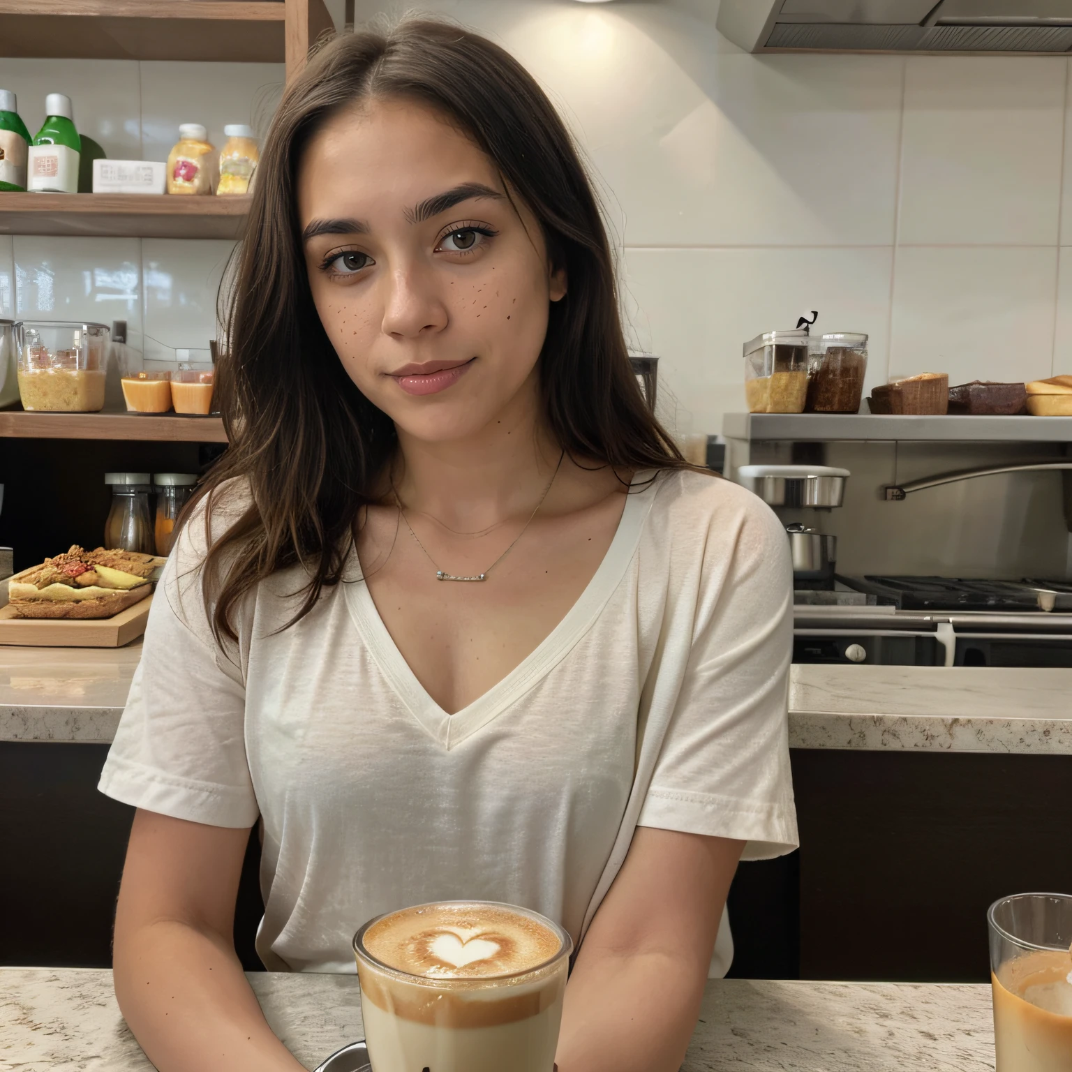 23-year-old hyper-realistic Latin girl with freckles, mood selfie for instagram, Ultra Definition, (photoreallistic: 1.4), 8k, calidad premier, fondos detallados, cara delicada, maquillaje natural, foto raw, iphone, HDR, Coqueteando con el espectador, en un restaurante, tomando un capucino, con ropa