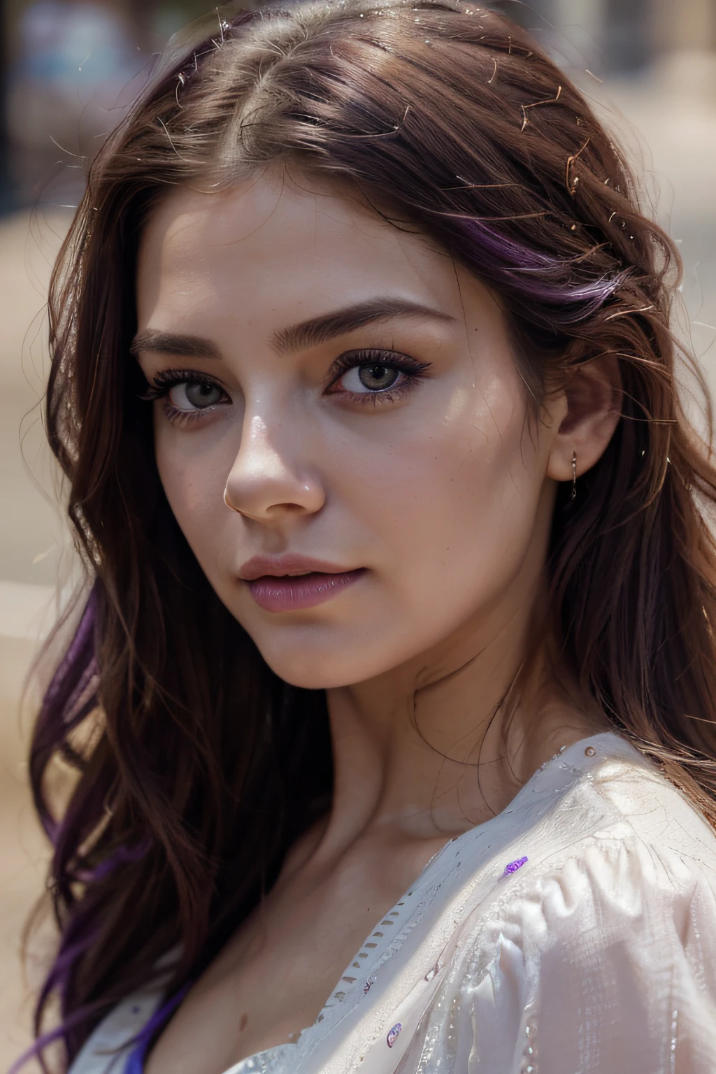best quality,4k,8k,highres,masterpiece:1.2,ultra-detailed,(realistic,photorealistic,photo-realistic:1.37),beautiful detailed eyes,beautiful detailed lips,extremely detailed eyes and face,longeyelashes,purple hair,girl,creative hairstyle,vivid colors,soft lighting,posh clothing (fashionable dress/clothes:1.1),graceful pose,subtle background,medium:portrait,hair flowing in the wind,hair shimmering in the light,delicate facial features,subtle makeup,expressive eyes,purple tones,subtle shadows and highlights,professional portrait,studio lighting