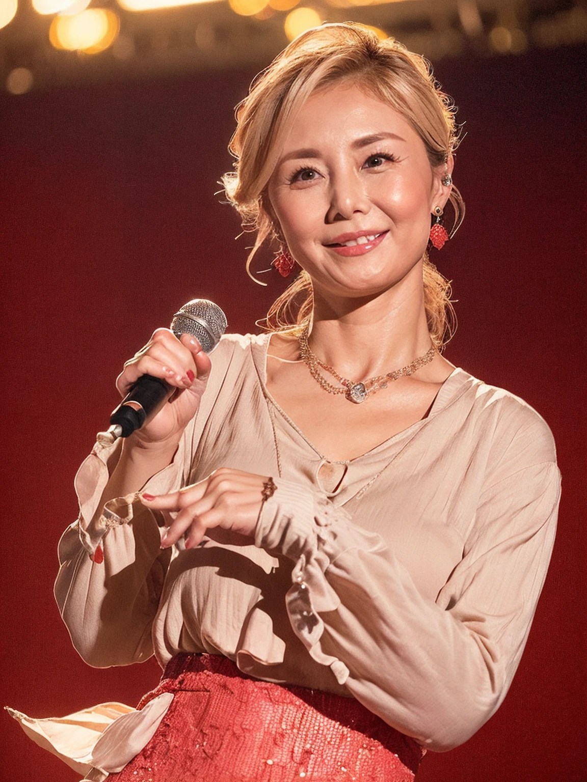 8K、Real Images、detaileds、masterpiece、Top image quality、top-quality、a blond、(large boob:1.5)、(Pouting figure)、She'Has a cute smile.、Wearing lewd underwear、Wearing red lipstick、She wears earrings, tiarra, and necklace.、Singing with a microphone in the downtown area at night