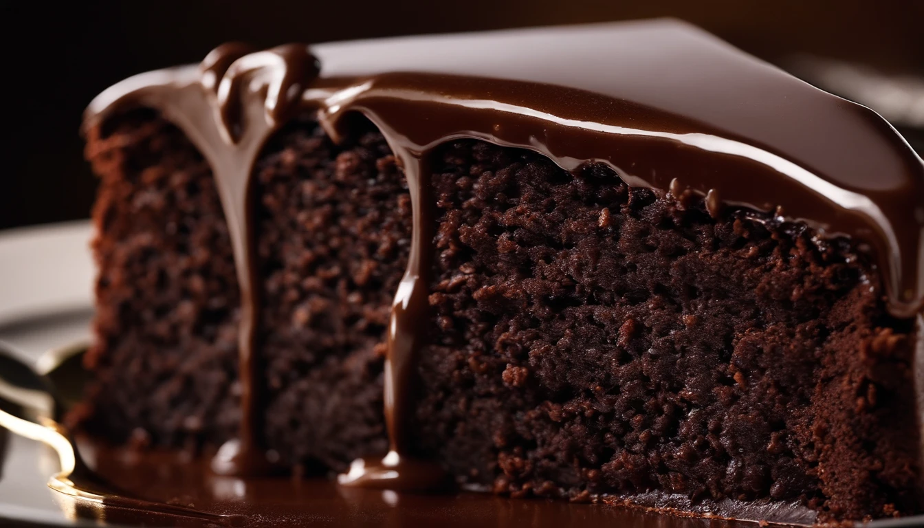Capture a close-up shot of a decadent chocolate cake slice, showcasing its rich, moist texture and glossy chocolate ganache topping.