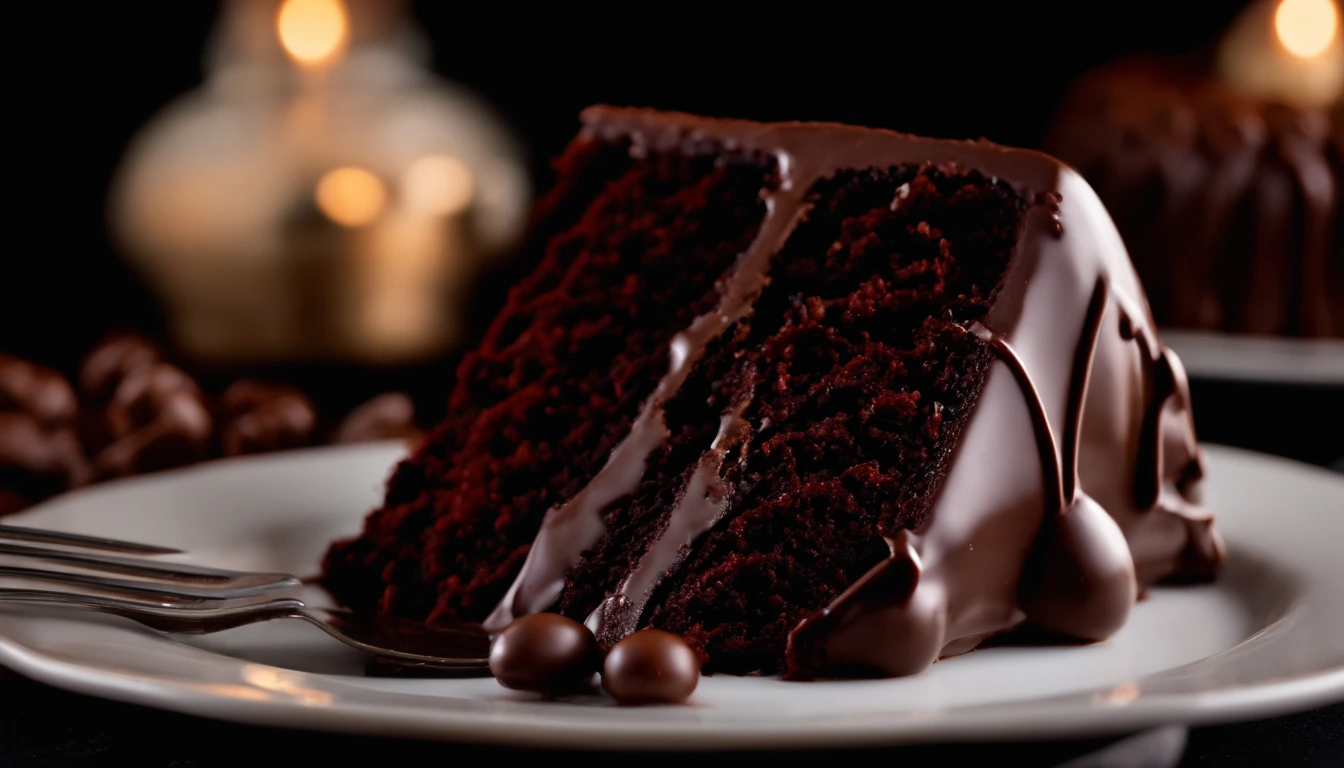 Capture a close-up shot of a decadent chocolate cake slice, showcasing its rich, moist texture and glossy chocolate ganache topping.