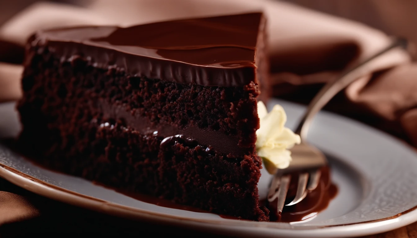 Capture a close-up shot of a decadent chocolate cake slice, showcasing its rich, moist texture and glossy chocolate ganache topping.